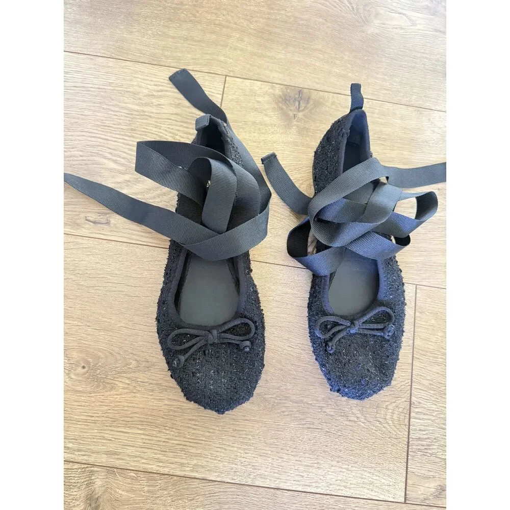ZARA 36 nwot womens black ballet flat slipper lace ankle tie shoe tweed ribbon